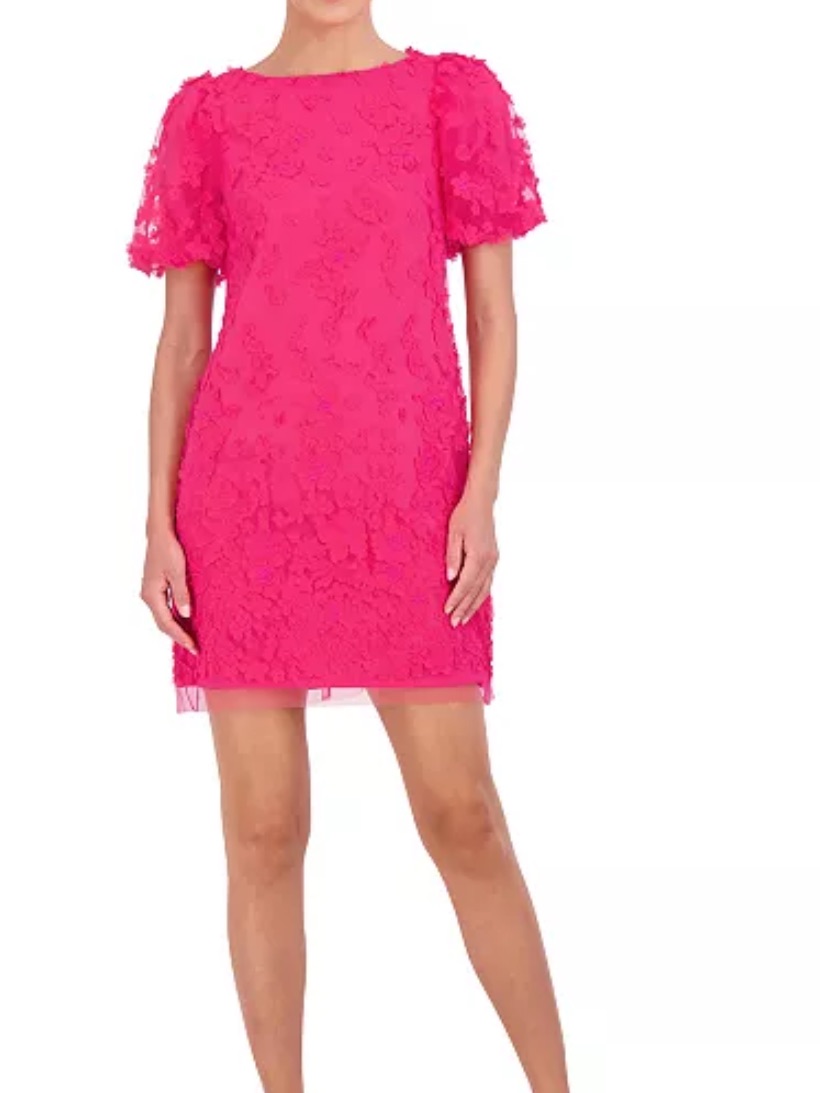 Eliza J Hot Pink 3d Floral Puffed-Sleeve Shift Dress Size 6 Wedding Guest